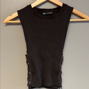 Zara Chocolate Brown Ribbed Lace Up Side Tank Size S